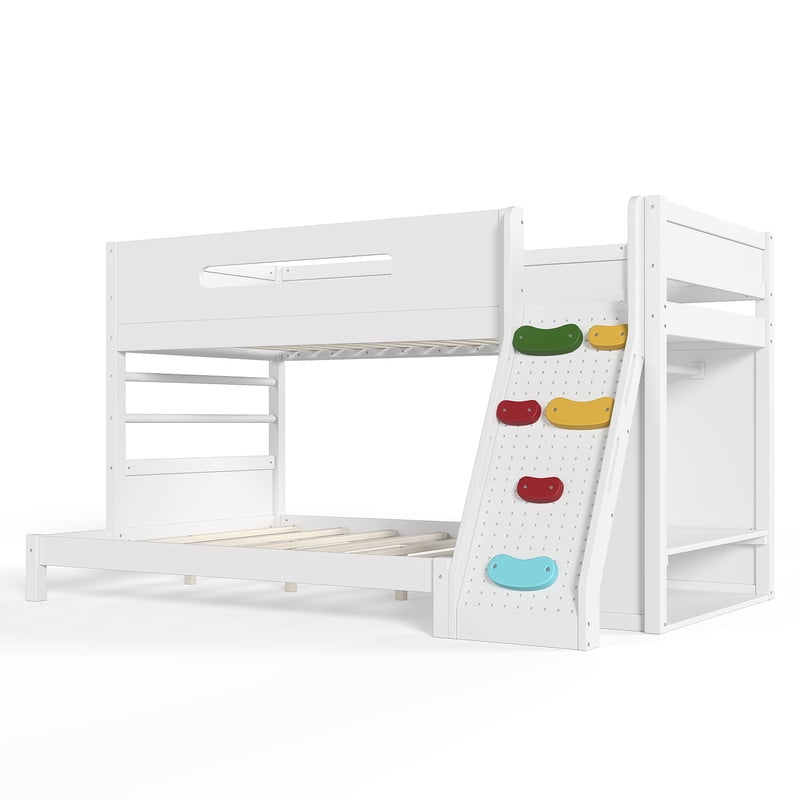 Twin/Twin XL Over Full Bunk Bed with Built-in Wardrobe, Storage Shelves, Rock Climbing Wall, Solid Wood Bunk Bed Fram with Full-Length Guardrails, No Box Spring Needed