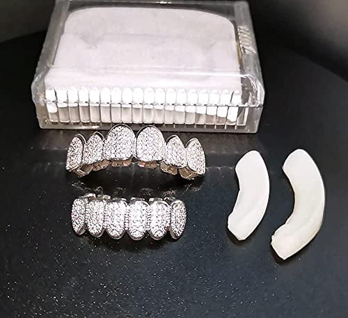 Iced Out Diamond Teeth Grillz for Men Women,Hip Hop Silver Gold Grills for your teeth Top and Bottom,Rapper Costume Mouth Grillz with Silicone Molding Bars