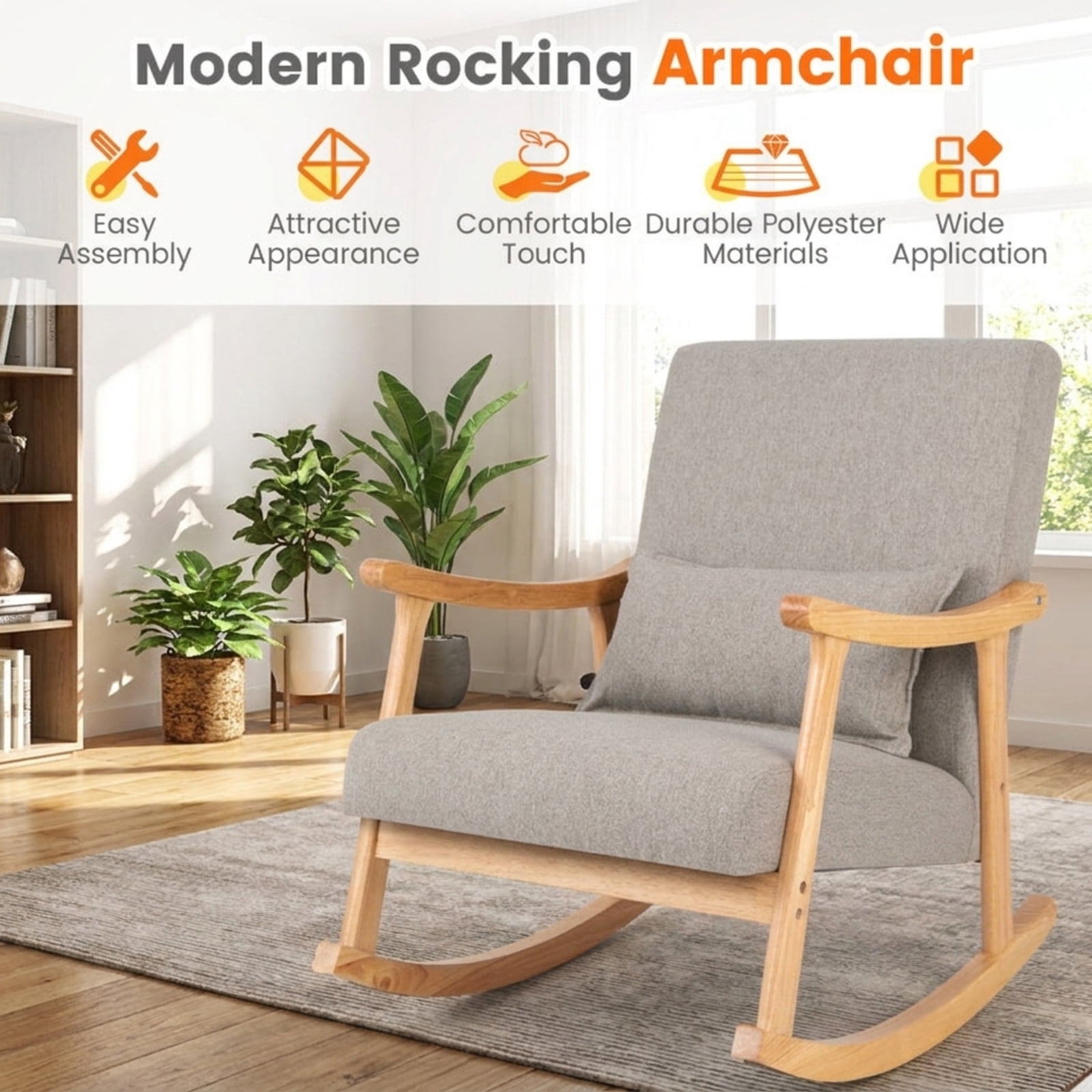 Furnibear Upholstered Rocking Chair with Pillow and Rubber Wood Frame for Living Room Nursery Bedroom Porch Reading Lounge Glider, Gray