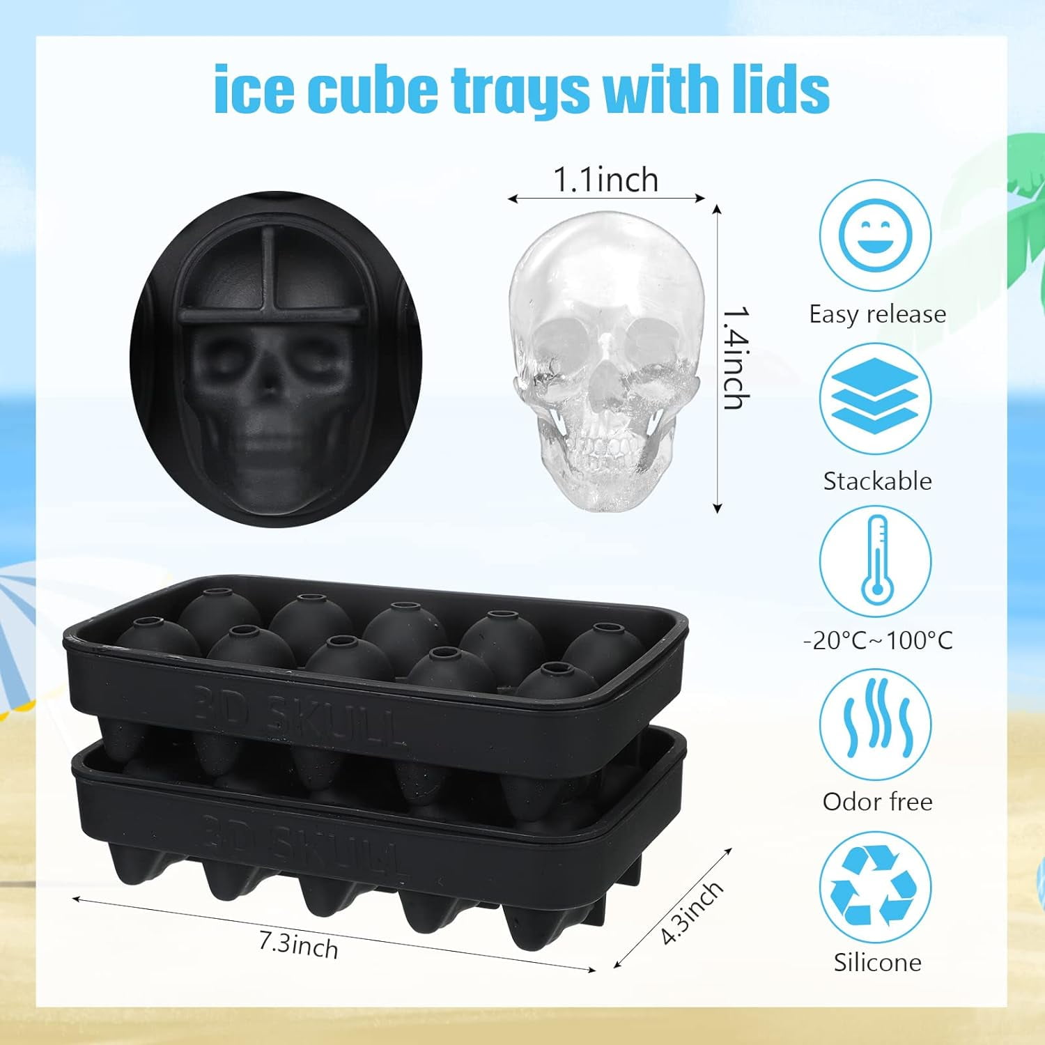 Silicone Skull Ice Cube Maker Mold Flexible Skull Ice Cube Tray for Whiskey Baking Chocolate Candy Resin(Black,2 Pack)