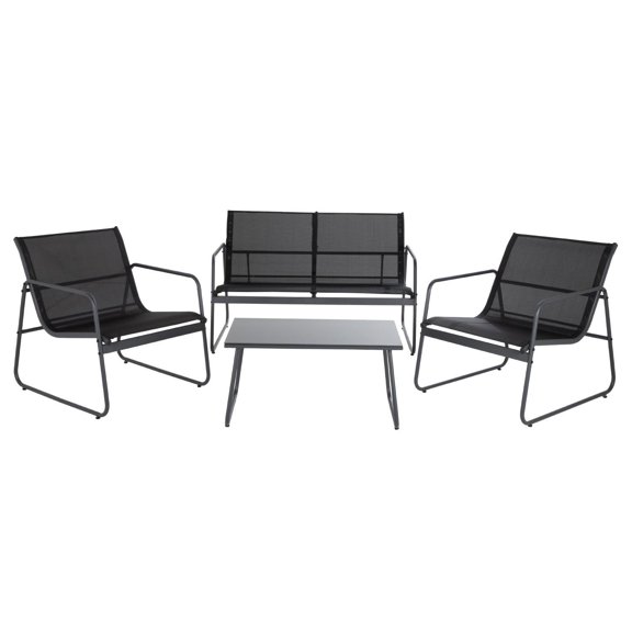 Sala Exterior Para Jardín Silver Textilene Mesa de Centro con Vidrio KingsHouse gris oscuro 4 piezas