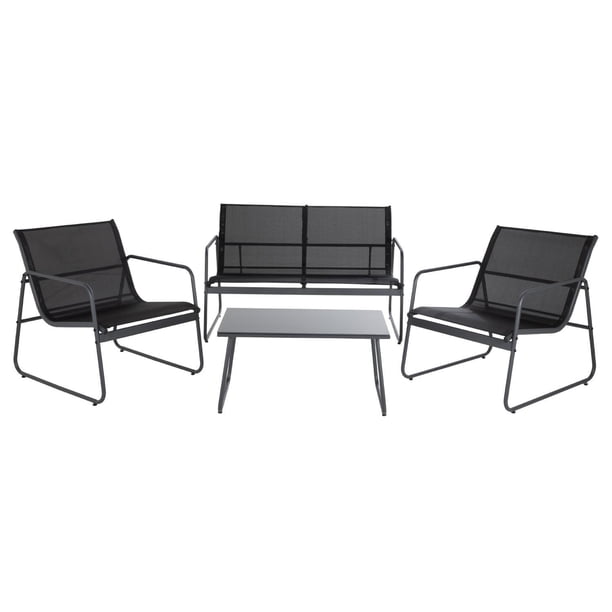 Sala Exterior Para Jardín Silver Textilene Mesa de Centro con Vidrio KingsHouse gris oscuro 4 piezas