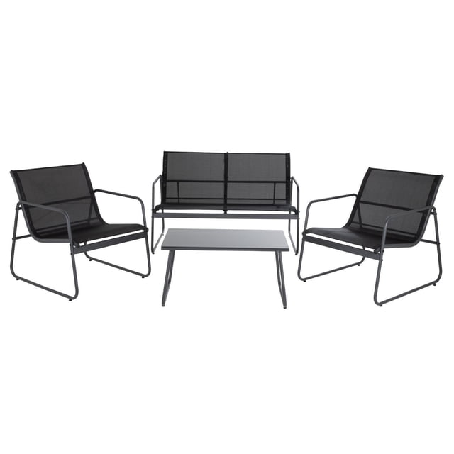 Sala Exterior Para Jardín Silver Textilene Mesa de Centro con Vidrio KingsHouse gris oscuro 4 piezas