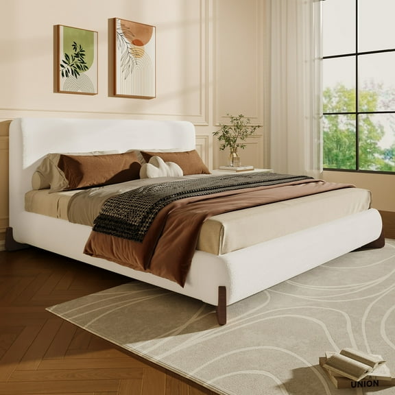 Christopher Knight Home Boucle Upholstered Queen Bed with Curved Wood legs, White