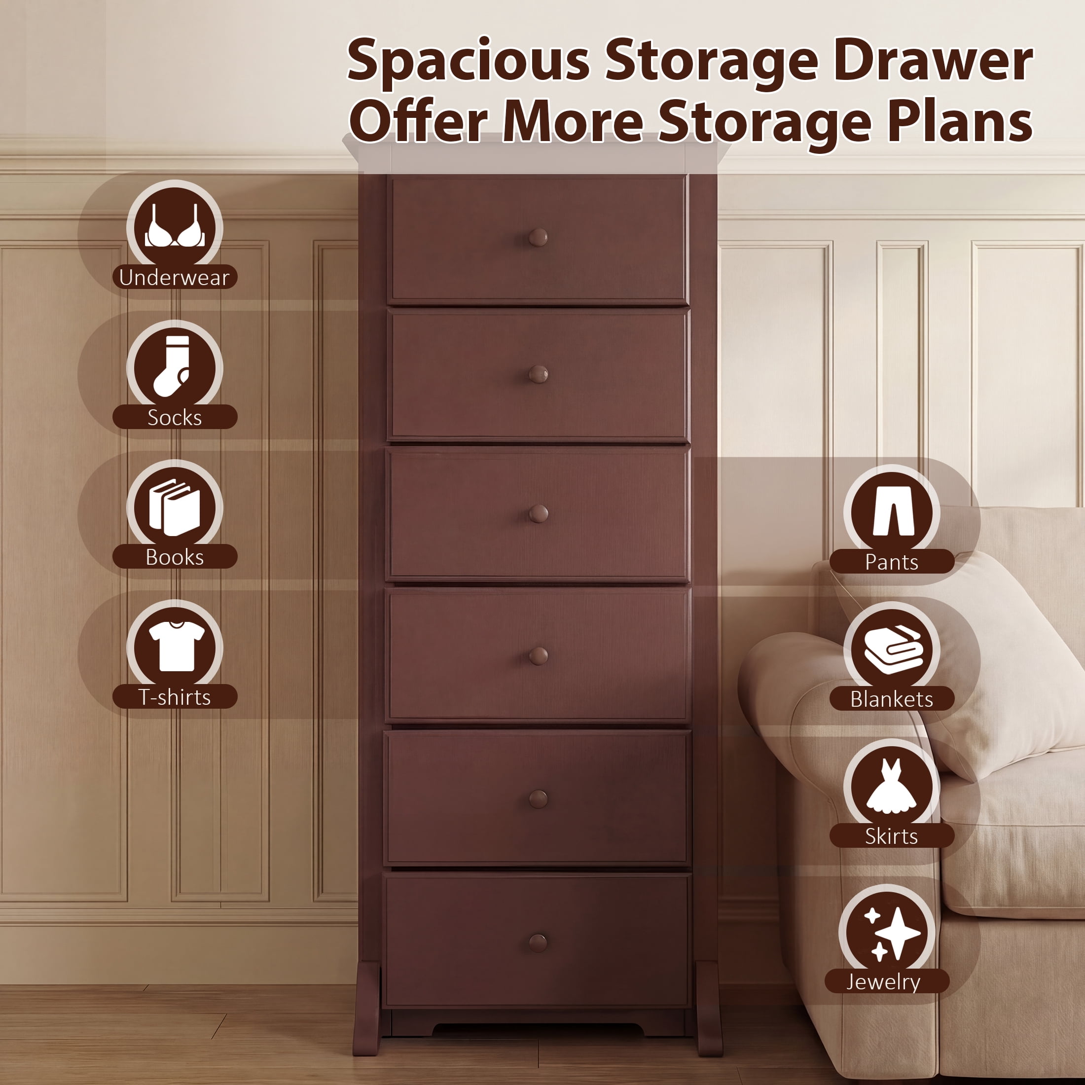 EDX 6 Drawer Wooden Dresser Chest for Bedroom, 19" x 23.25" x 52.75", Modern Storage Cabinet for Living Room Closet, Brown