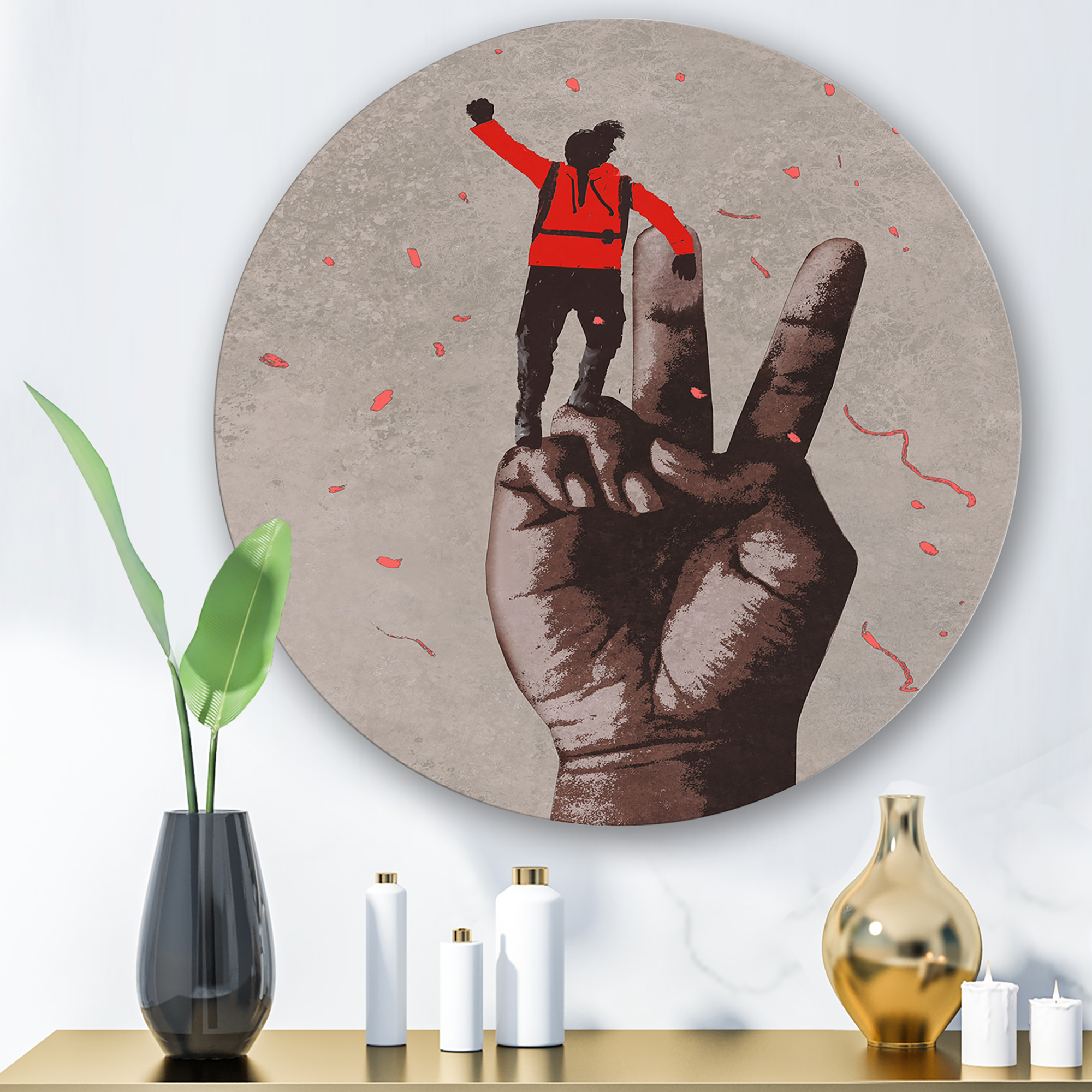 Designart 'Man With Arm Raised On Victory Sign' Modern Circle Metal Wall Art 11x11 - Disc of 11