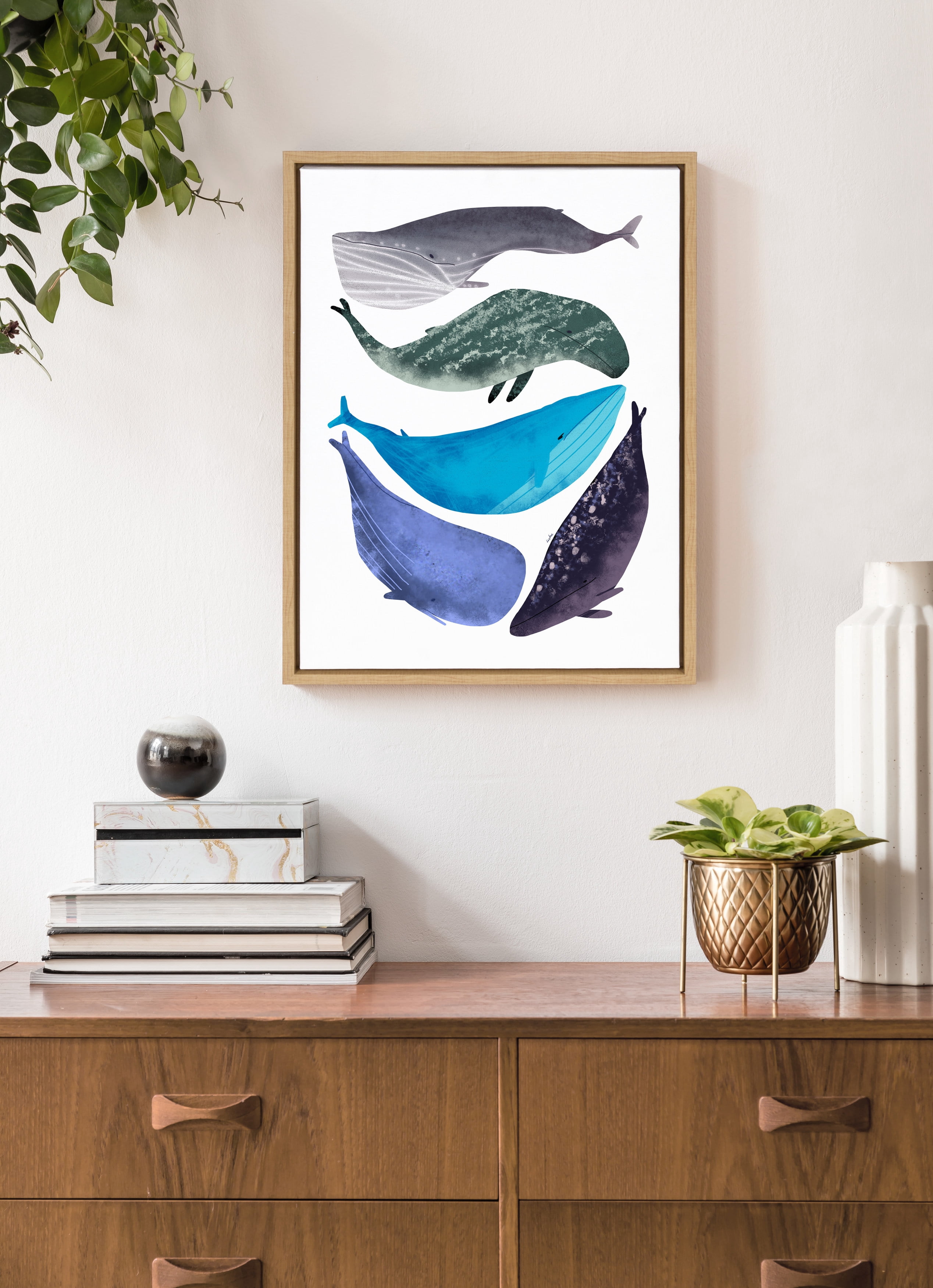 Kate and Laurel Sylvie Watercolor Whales Art Framed Canvas Wall Art by Lida Larina, 18x24 Natural Ocean Beach