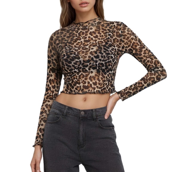 Womens Tops Casual T Shirts Elegant Mesh Leopard Print Cropped Long Sleeve Basic Slim Undershirts Beige