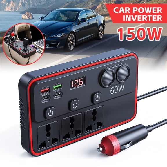MDHAND 150W Car Power Inverter, 12V/24V to 110V AC Outlet with LCD Display, QC3.0 USB Fast Charging, Switch Control, for Car Truck Camping