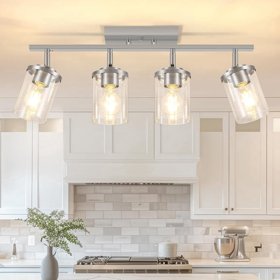 4-Light Brushed Nickel Track Lighting Kit with Clear Glass, Modern Track Light Fixtures Flush Ceiling Mounted, Tracking Vanity Lighting Rotatable Spotlight for Kitchen Bathroom