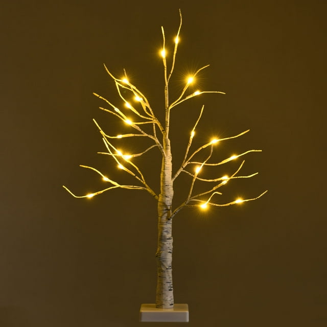 Patiojoy Artificial White Birch Tree 2ft Pre-lit Tabletop Christmas Tree w/ 24 Battery-operated Warm White LED Lights