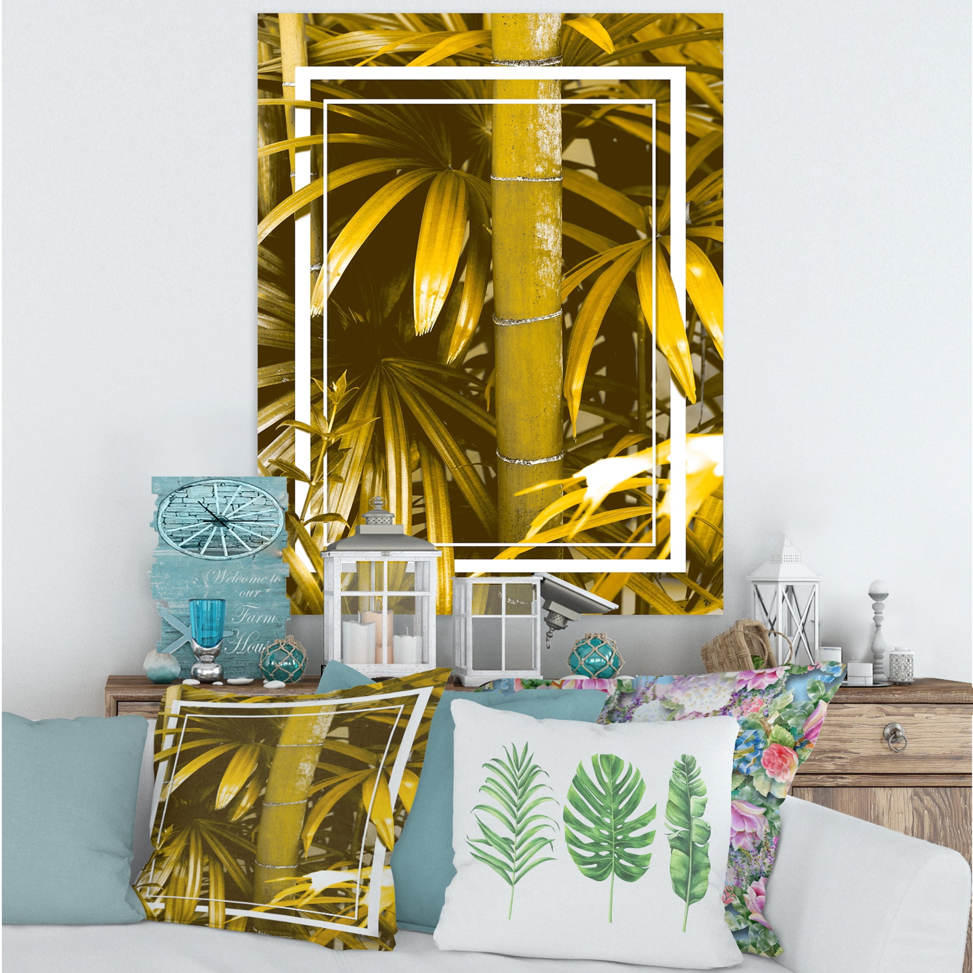 Designart ' Tropical Leaves and Yellow Bamboo ' Tropical Canvas Wall Art Print