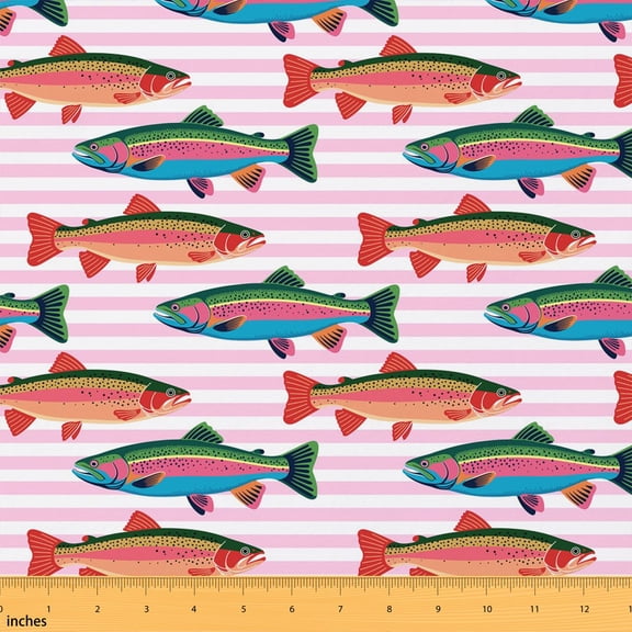 Manfei Colorful Fish Fabric by the Yard 3 Yards, Geometric Stripe Room Decor Fabric by the Yard, Hot Pink