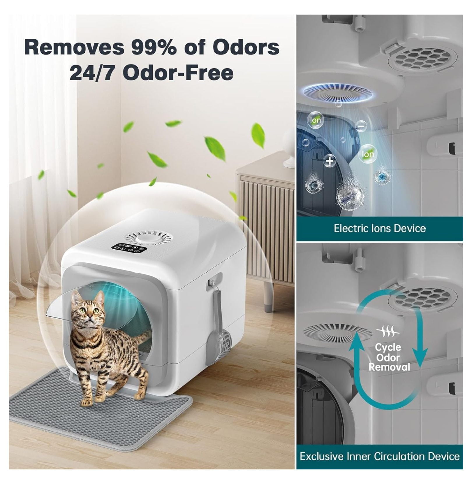 Smart Odor Control Cat Litter Box for Big Cats & Multiple Cats, Easy Clean with Infrared Sensor, & Mat, 5V/1A USB