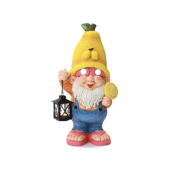 LuxenHome 18" Solar Powered Garden Gnome Outdoor Statue with Lantern, Lemon Hat Gnome Sculpture for, Lawn, Garden