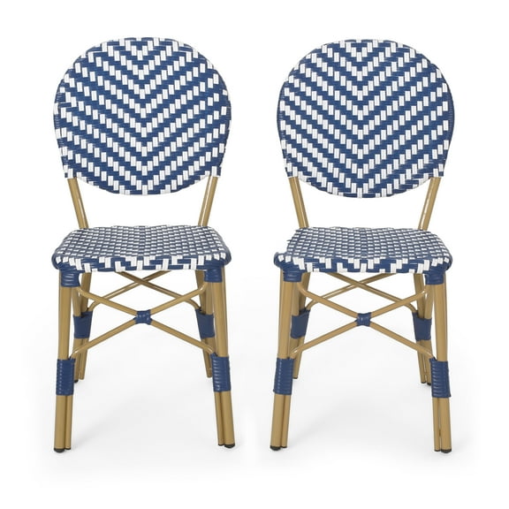 Noble House Groveport Outdoor Dining Chair - Aluminum - Set of 2 - Armless - Navy Blue/White