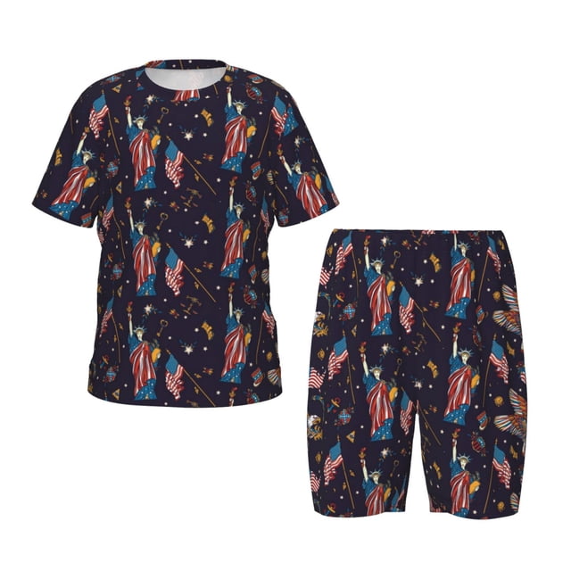 Fotbe Statue Of Liberty Eagle Pijama Estampada de 2 Piezas para Niños – Ropa de Dormir de Manga Corta Cómoda para Niños y Niñas, Camiseta y Shorts de Algodón-Medium