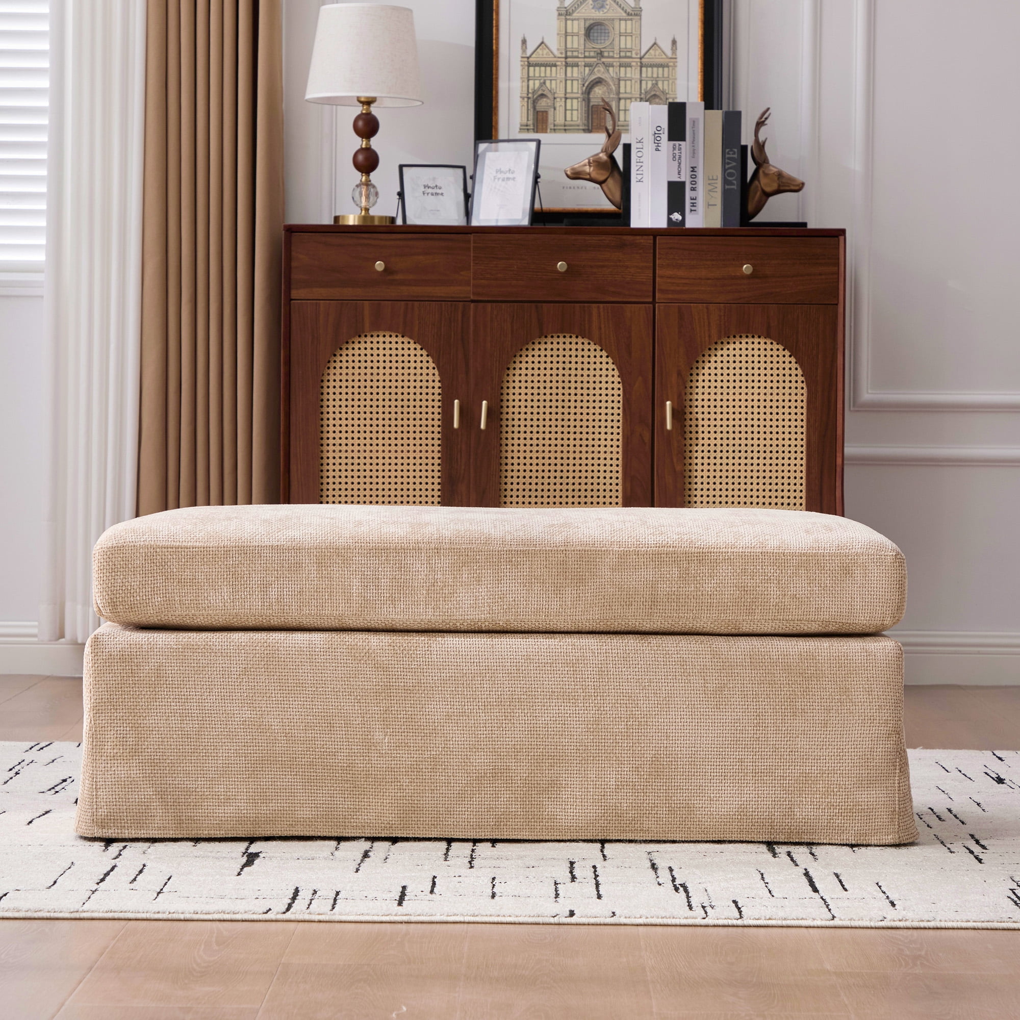 43.7" Wide Wheat Chenille Ottoman Square Foot Stool with Black Metal Legs, Removable Cushion Cover & Tray, 500LB Capacity for Living Room Bedroom Entryway Office