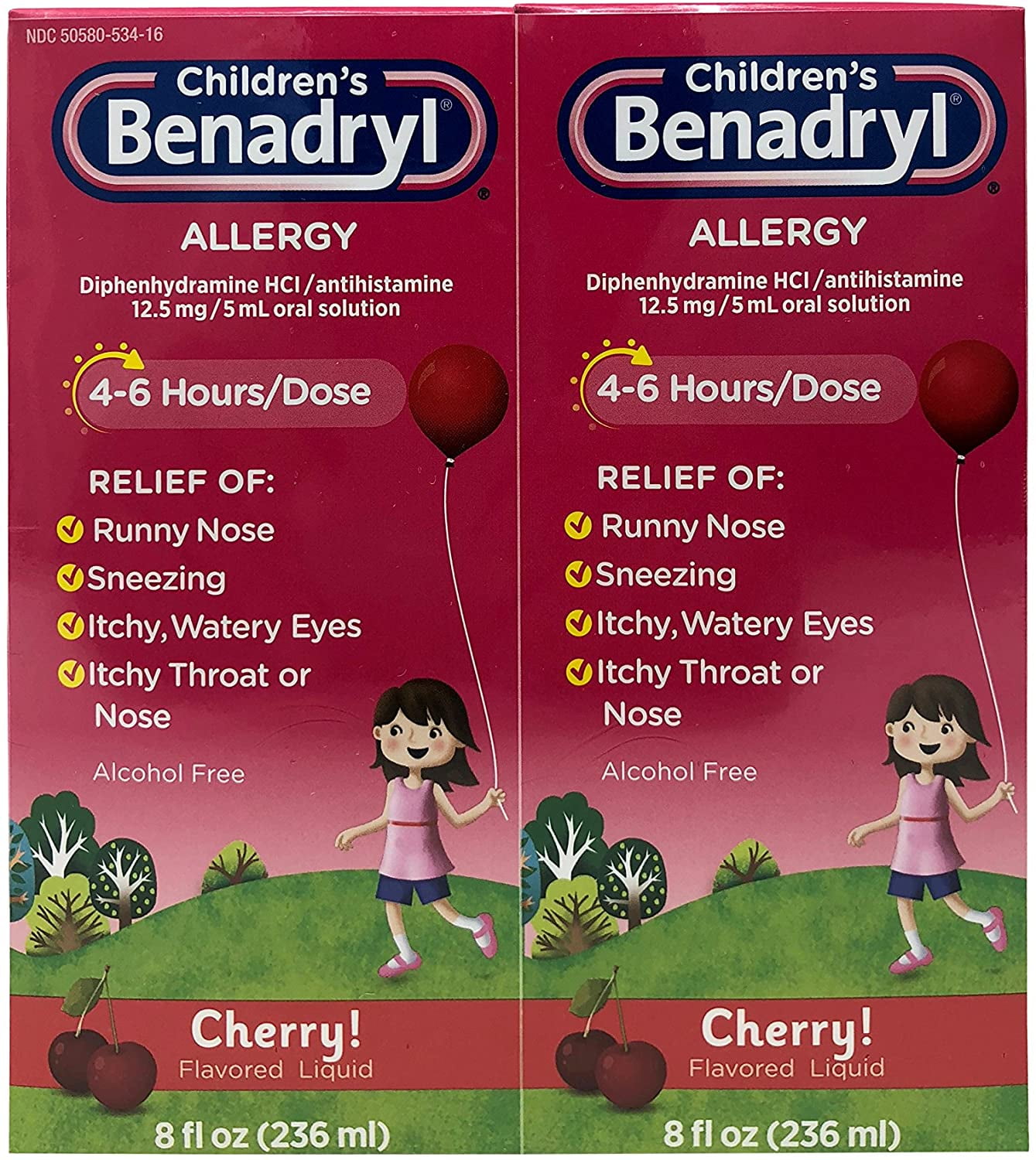 Children's Benadryl Allergy Relief Cherry Flavored Liquid 8 fl oz Each 2 Pack
