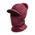 thumbnail image 3 of Cagoule Thermique Tricotée Foulard de Cou avec Pompon Bouton Chauffe-Chapeau Protection Hiver pour Course Temps Froid Extérieur, Rouge Profond, 3 of 8