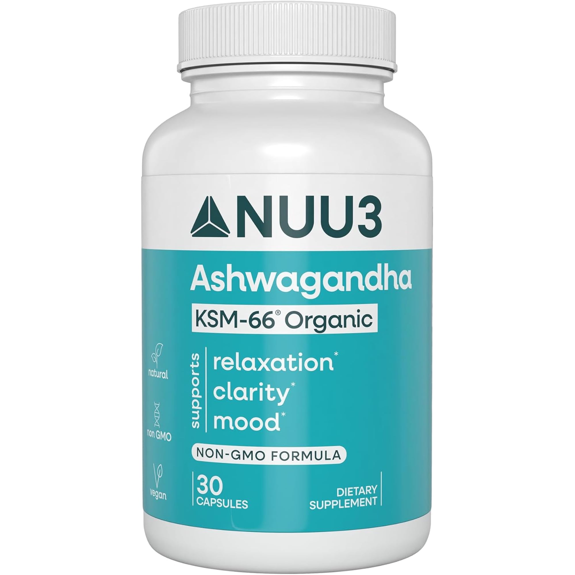 NUU3 Organic Ashwagandha KSM-66 Supplement - Stress Relief Support, 30ct