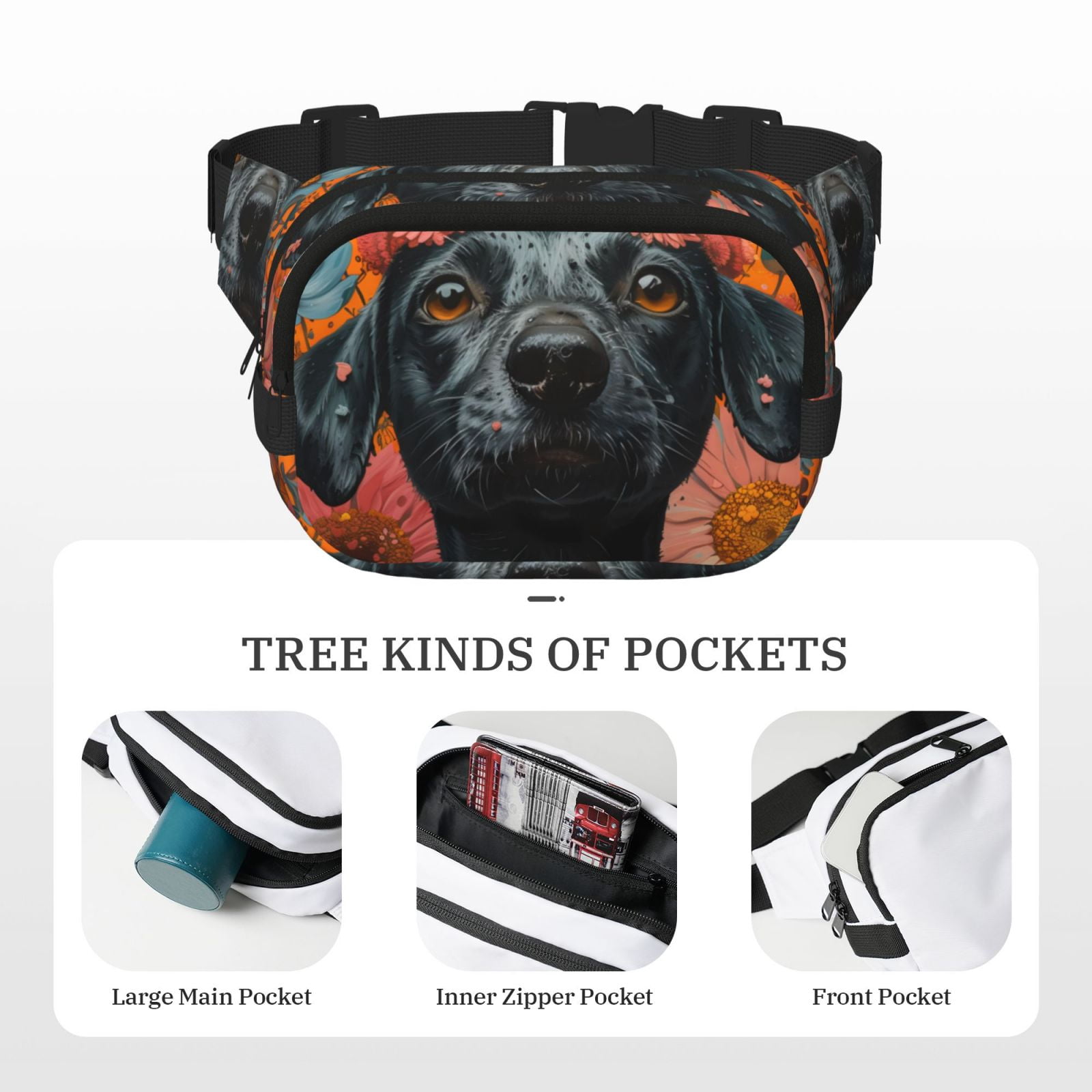 Picia Sunflower Black Dog Print Square Double-Layer Waist Bag Mini Adjustable Waist Belt Bag Exercise Running Travel Hiking