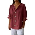 thumbnail image 2 of XUNKUSGA Women's Tops Classic Cotton Linen Crewneck Lace Patchwork Women's Blouses Casual 3/4 Sleeve Tunic Tops Lightweight Solid Color with Decorative Buttons S-2XL Red, 2 of 5