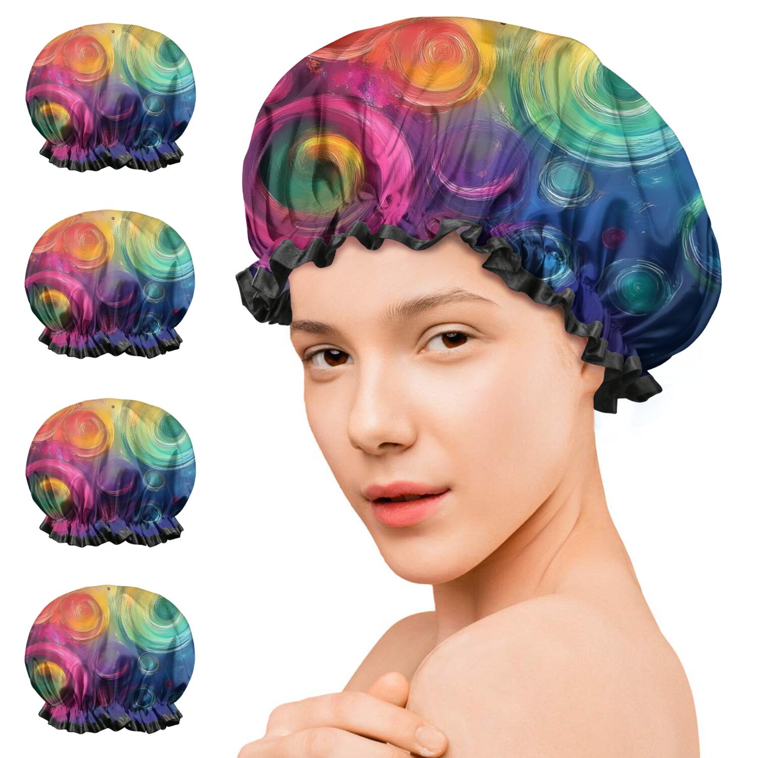 Shower Caps,Colorful Tie Dye Circular Spiral Pattern Waterproof Shower Cap for Women 4 Pieces,Double Reusable Hair Cover for Shower PEVA Elastic Stretch Hem