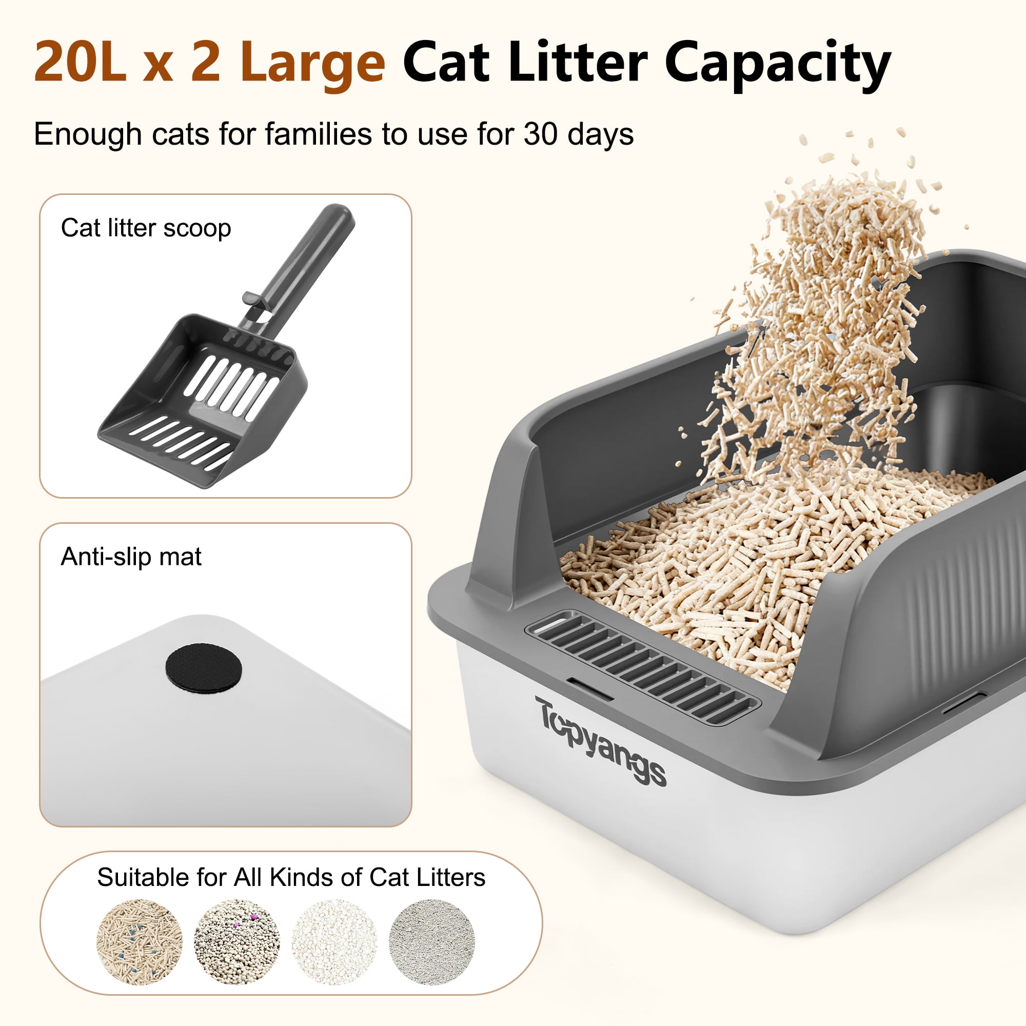 Topyangs 2 Pack Extra Large Stainless Steel Open Top Metal Cat Litter Box for Multi-Cat, Gray