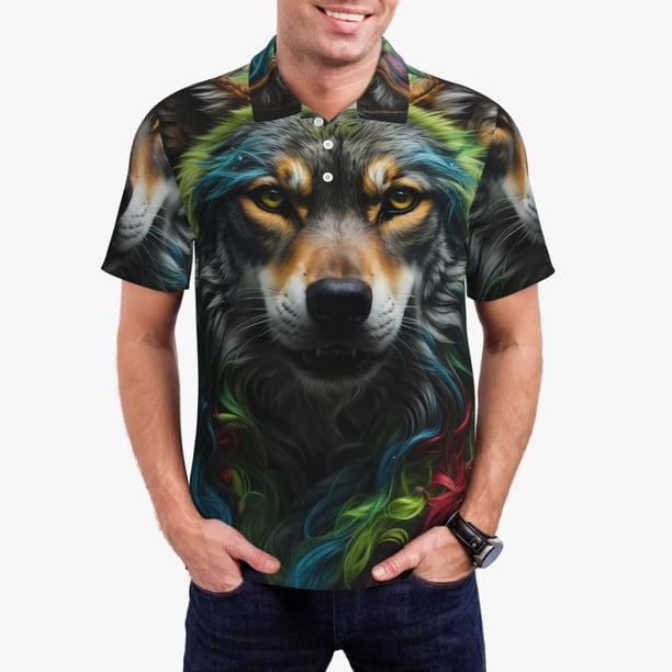 Fotbe Realistic Style Colorful Wolf Camiseta Polo de Golf para Hombre con Estampado – Camisa Deportiva Transpirable con Cuello Abotonado-3X-Large