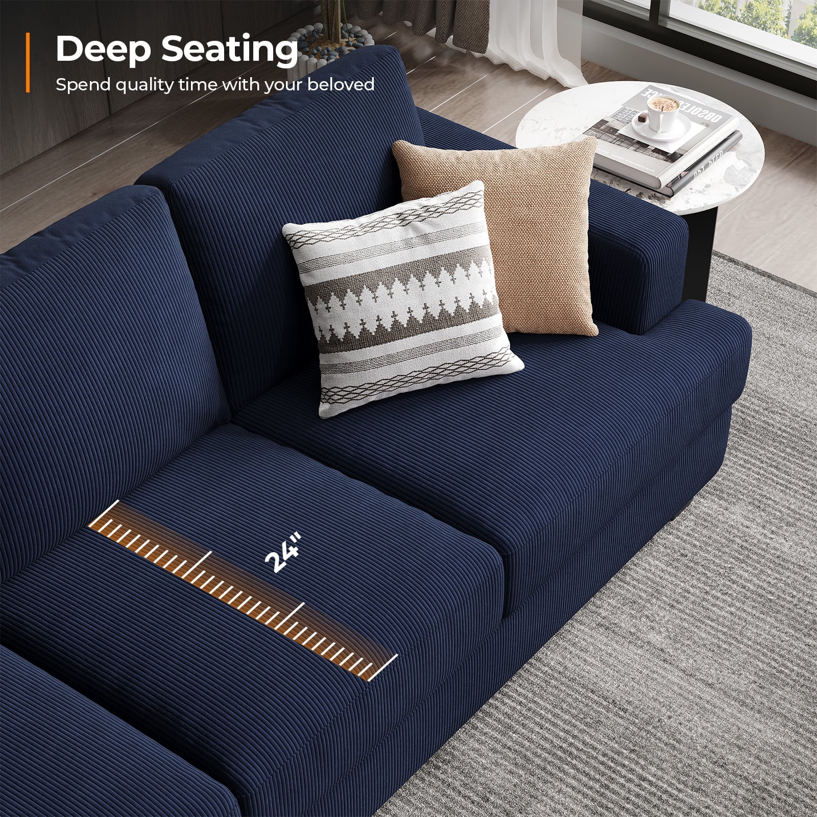 BLAZANT 89" Sofa Couch, 3 Seater Sofa with Suppleness Armrests, Corduroy Fabric Deep Seat Sofa with Upholstered Cushion& Backrests, Modern Comfy Couch for Living Room Apartment Office