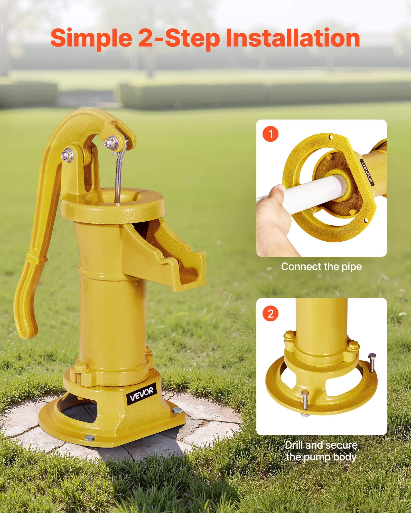 VEVOR Well Hand Pitcher Pump, 25 ft Maximum Lift, Antique Cast Iron Manual Hand Water Pump, NPT 1-1/4 in Connection, Easy Installation, Old Fashioned for Outdoor Garden, Pond, Backyard, Farm, Yellow