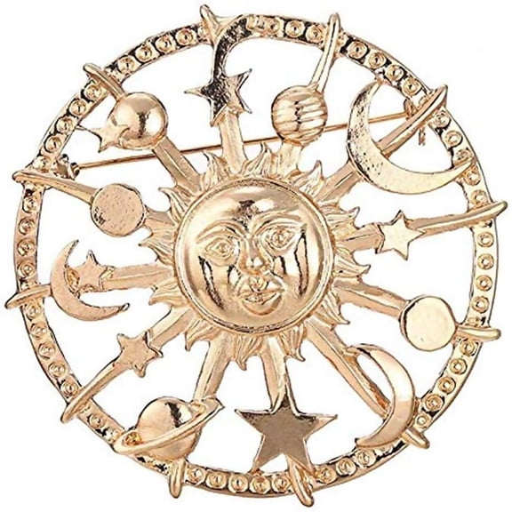 Zephyriana Fashion Round Cosmic Lapel Pin Golden Star for Sun Galaxies Rudder Brooch Pewter Lapel Pins Adult T Pins