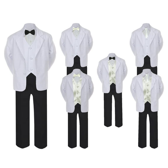 5-7pc Formal Black White Suit Set Ivory Bow Necktie Vest Boy Baby Sm-20 Teen