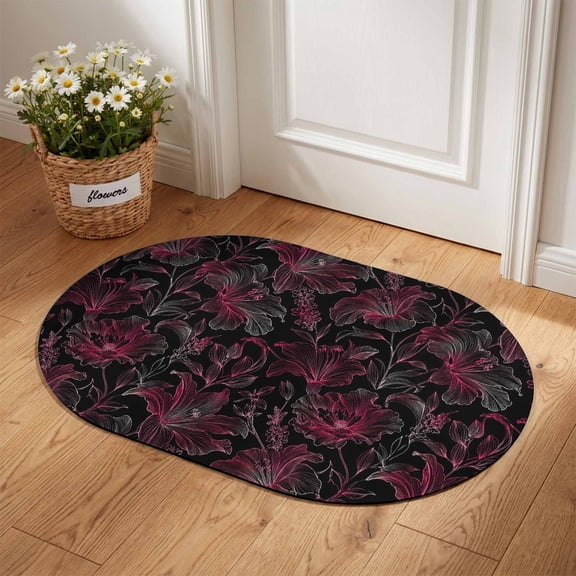 Metallic Lilies Diatomaceous Earth Bath Mat, Abstract Black Red Flower Botanical Tropical Fronds Oval Non-Slip Quick Dry Door Mat Super Absorbent Bath Rug for Bathroom Kitchen Laundry 16x24in