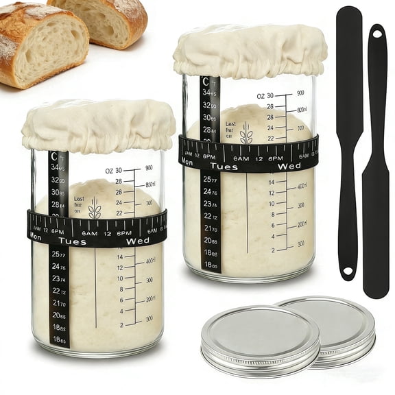(2 Pack) Sourdough Starter Jar Kit - 34oz Large Capacity Glass Fermentation Jar with Marked Feeding Band, Thermometer, Scraper, Cloth Cover & aluminum metal lid