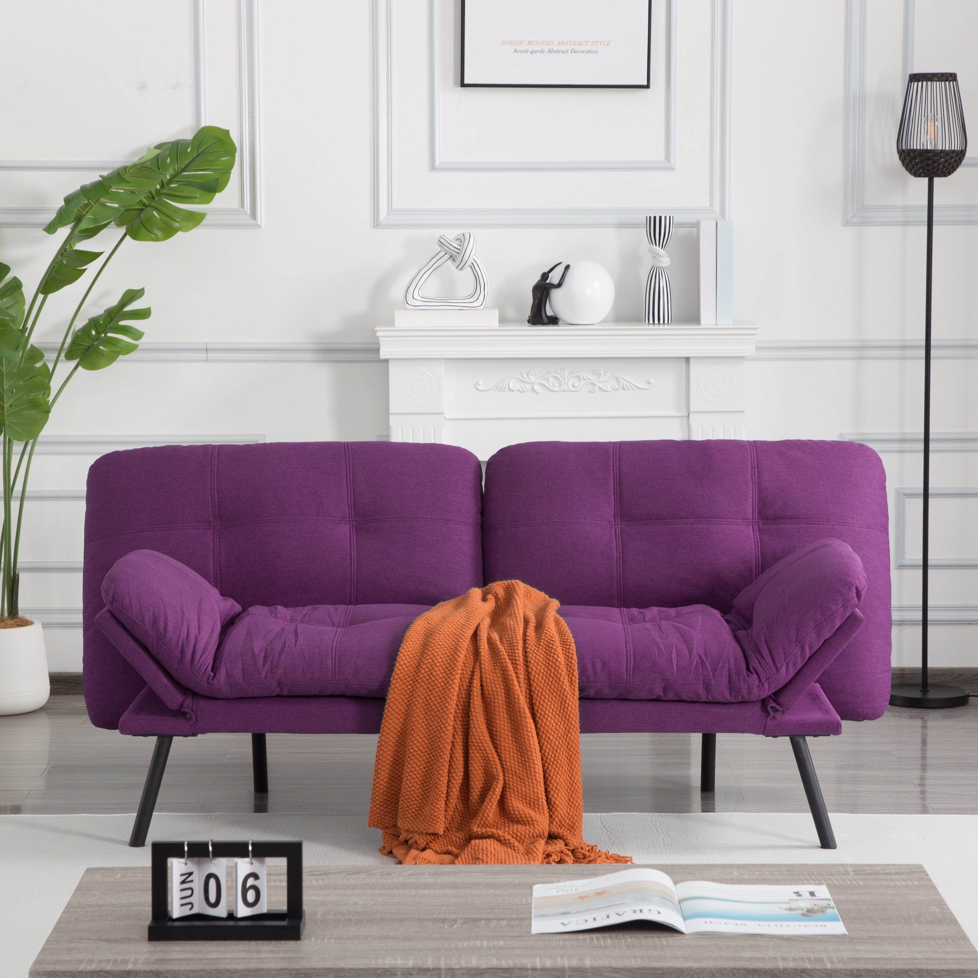 Gewnee 70.87"Linen Futon Sofa Bed,Convertible Folding Sleeper Sofa with Adjustable Backrest and Armrests,Comfy Sofa Couch for Small Spaces,Office.Purple