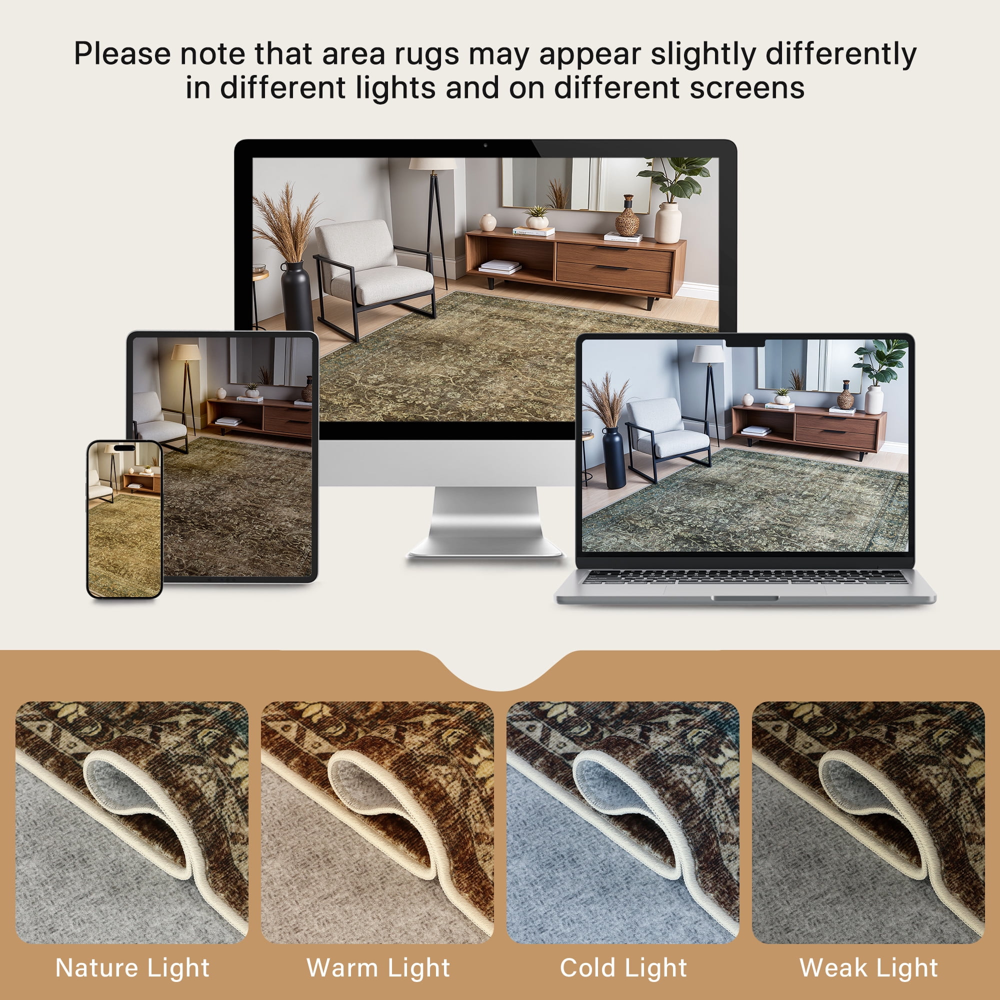 KUETH 5x7 Vintage Floral Area Rugs Machine Washable Rugs for Living Room, Non Slip Flat Pile Rug with Rubber Backing, Boho Rug for Entryway Bedroom Dining Room Home Office
