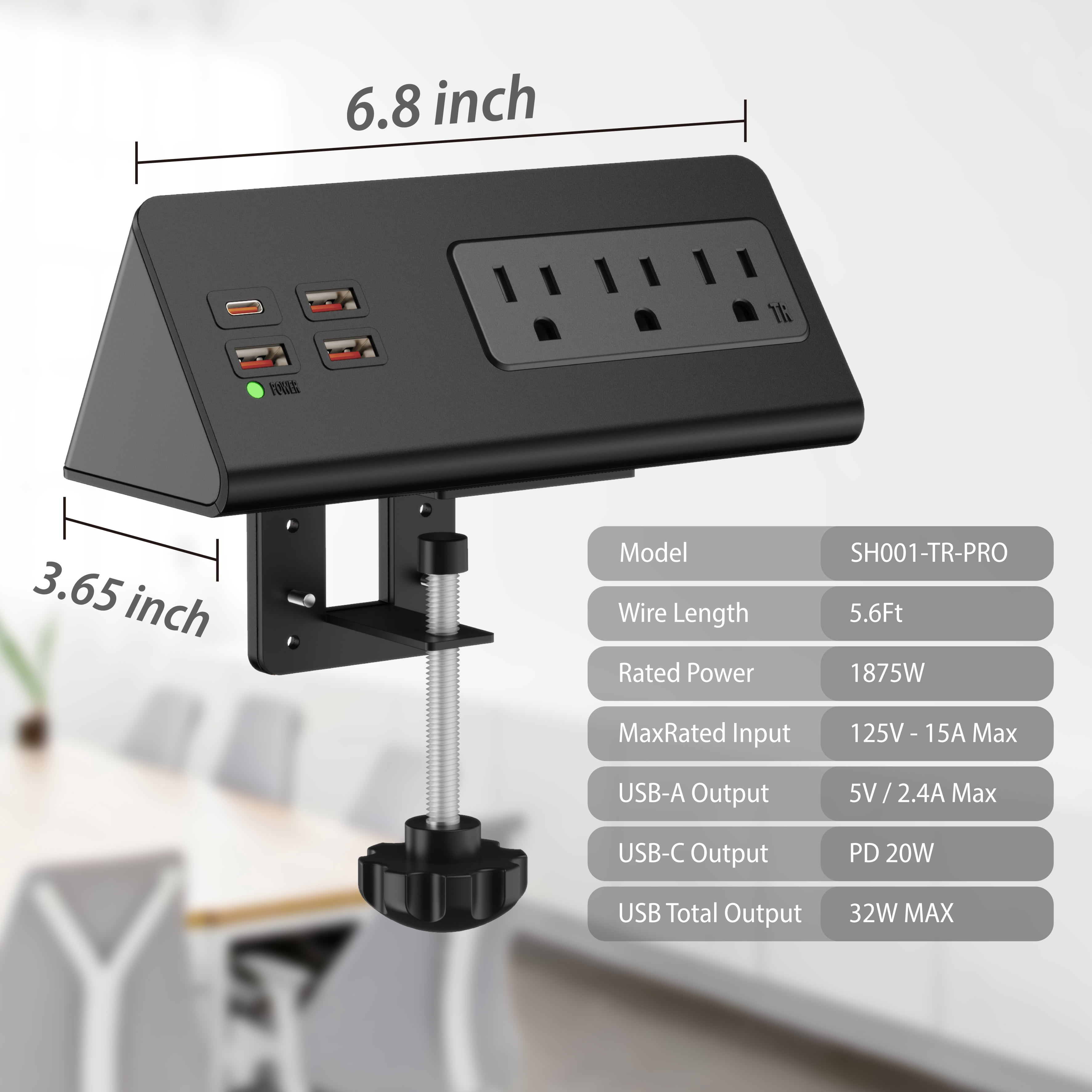 Desk Clamp Mount Power Strips , 4 USB Ports& 3 AC Outlets Charging Station, PD 20W Fast Charging USB C, 6Ft Extension Cord Desktop Power Hub, Home Office Desk Accessories, 2-Pack