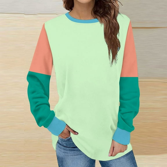 BLTIBY Womens Long Sleeve Sweatshirts Spring Fall Color Blocked Round Neck Top Fashion Comfortable Pullover Blouse Green L