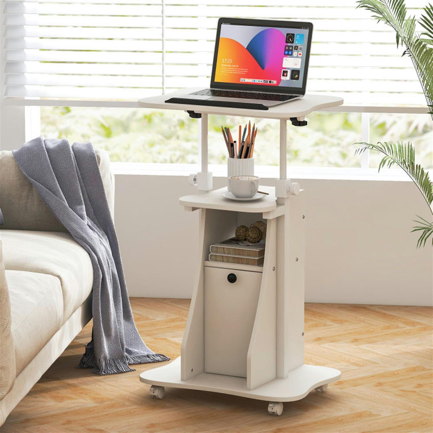 Demi Bonn Adjustable Mobile Standing Desk Cart with Tilt Desktop and Cabinet for Laptops, Books, Tablets, and Art, White