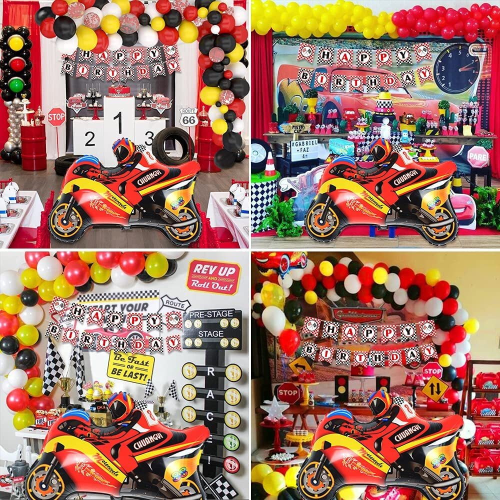 Racing Car Balloon Garland Kit, Yellow Black Red Balloon Arch with Checkered Flags Banner Checkered Balloons Confetti Balloons for Let's Go Racing Motorcycle Birthday Decorations