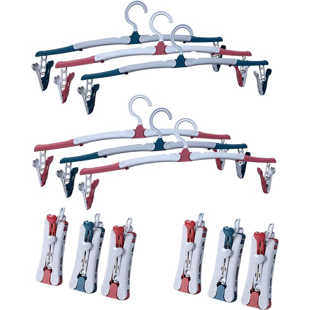 Paquete de 6 perchas de viaje: perchas portátiles y plegables para ropa de bebé con pinzas, perchas para pantalones con pinzas, tendedero para viajes (rojo y azul)