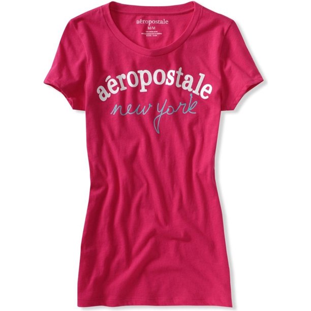 Aeropostale New York Script playera gráfica para mujer, rosa, pequeña Aeropostale Camiseta gráfica