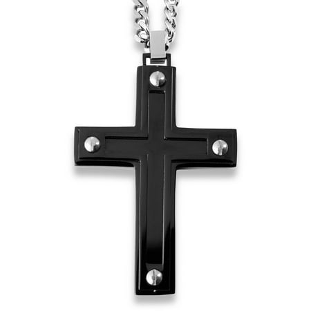 Crucible Black-Plated Stainless Steel Black Enamel Inlay with Screw Accents Cross Pendant
