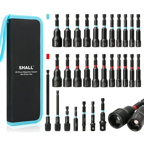 SHALL 29PCS Magnetic Nut Driver Set, Impact Drill Driver Bit 1/4" Hex Shank, SAE & Metric Cr-V Steel Power Nut Drivers with Quick-release Extensions, Impact Socket Adapters, Bit Holder and Storage Bag