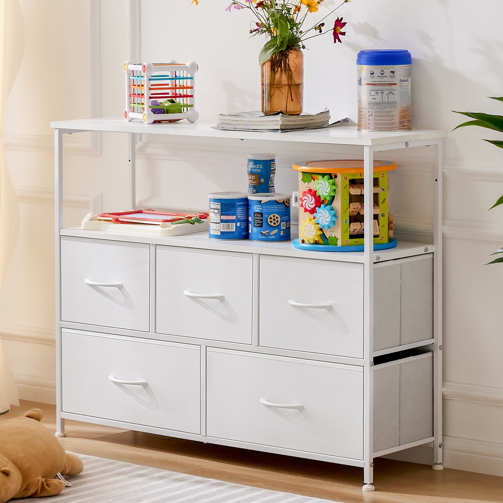 CONCETTA TV Stand Dresser with 5 Fabric Drawers and Open Shelving, Multi-functional Storage Unit Fits TV up to 45 inches for Bedroom Living Room Hallway, White