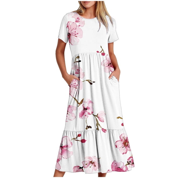 Puntoco Vestido Midi De Moda Para Mujer Vestido Con Cuello Redondo Y Manga Corta Con Doble Bolsillo Y Estampado De Flores Color L,Regalos Para Mujer Joven
