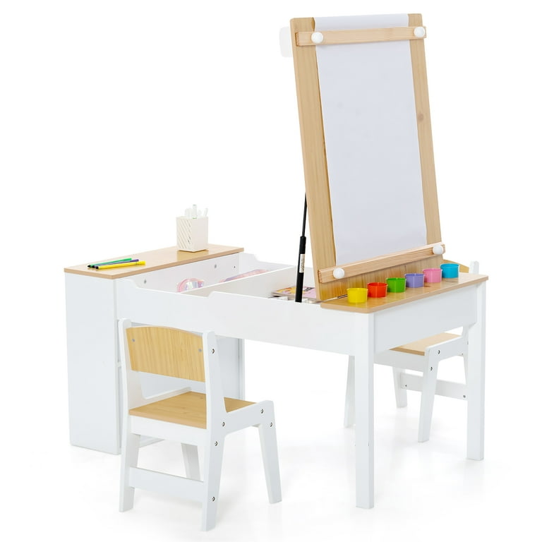 Gymax 2-in-1 Kids Wooden Art Table and Art Easel Set w/ Chairs Paper Roll  Storage Bins 