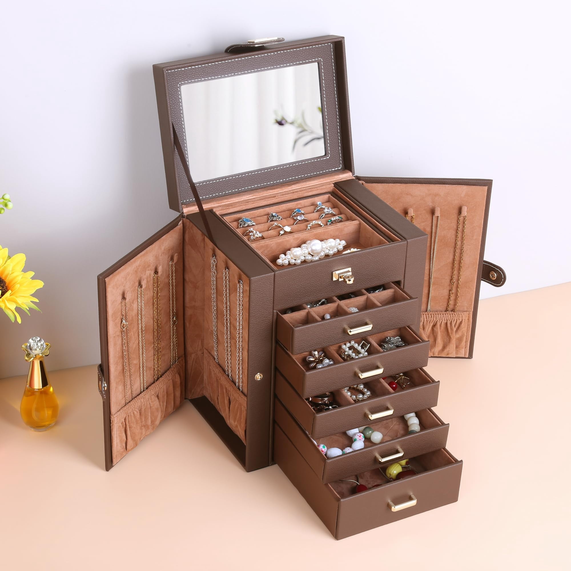 Kendal Jewelry Box, 6-Layer Jewelry Storage Organizer for Necklace Bracelet Rings Watch, 10.2"x8.2"x6" Classic Brown PU Leather 5 Drawers Large Storage Capacity with Mirror